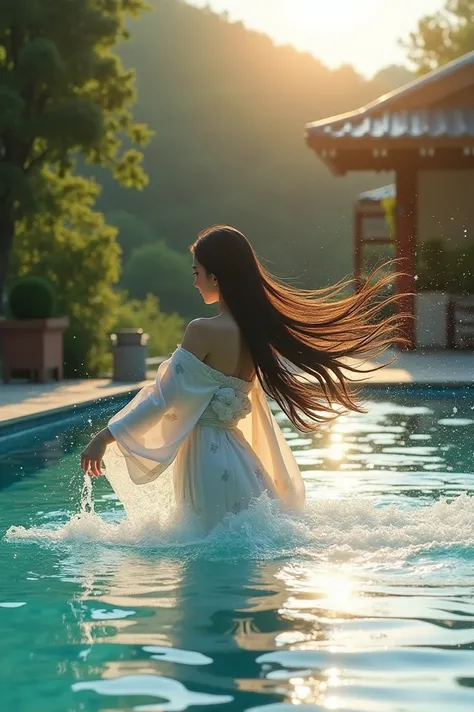 live-action　 Japanese　Older sister splashing water in the pool