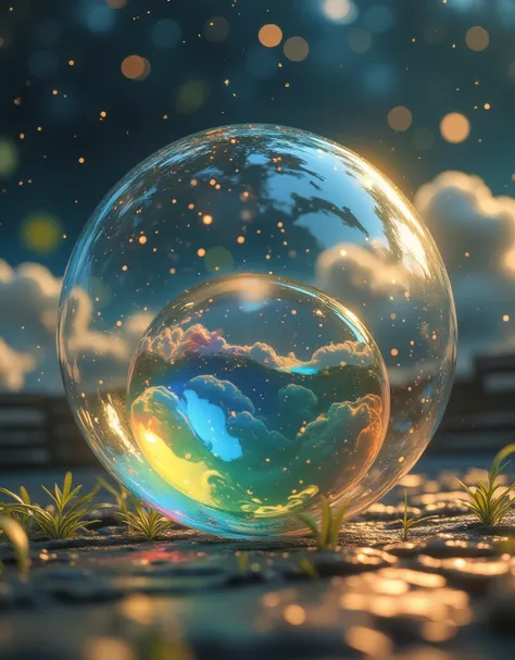  bubble jar close-up , Rainbow inside the bubble , , Colorful clouds, ,  glass reflection ,  Curved Surface Distorted , Background starry sky, contrast, depth, magic,  Ethereal Light ,  super detailed, Dark background,  heavenly beauty, Macro Photography