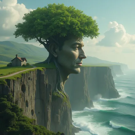 In a surrealism style, a visage of a man seamlessly blends into an ancient, stone-built structure, with roots winding through, melding human and habitat flawlessly. His head blossoms into a tree, its foliage forming an emerald crown amidst a tranquil, clou...