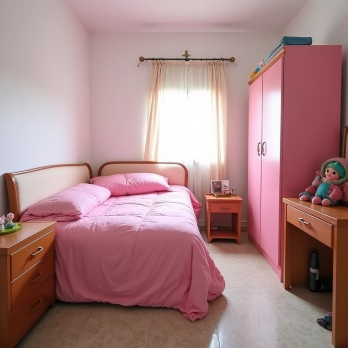     someones room from Peru where there is a bed with pink duvets,  a desk with a sex doll and a pink wardrobe  ,    The walls are white and the furniture is brown    . Not so luxurious
