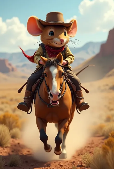 Mouse dressed as a cowboy riding a horse 