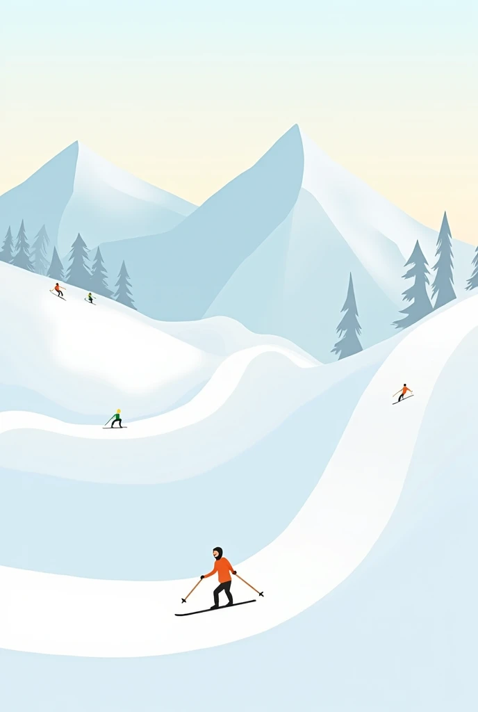 Illustration, minimalisme, Une vue plongeante sur un paysage de montagne enneigé, avec des pistes de ski tracées en lignes douces et sinueuses. Des skieurs miniatures glissent sur les pistes, dessinés en quelques traits simples et colorés pour créer un con...