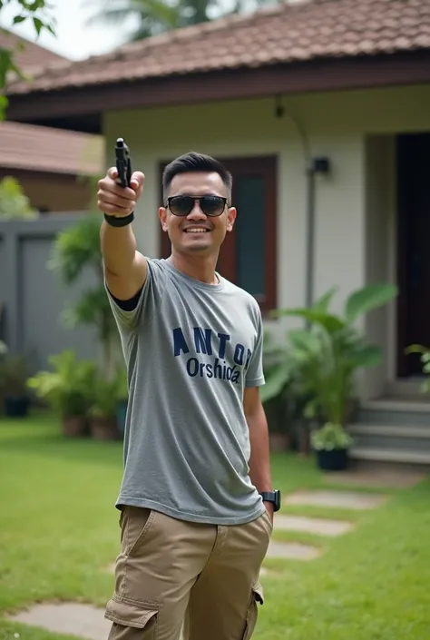  Handsome Indonesian man , very short black hair,  wearing sunglasses grey t-shirt with Anto Orshida writing  , , beige cargo pants black safety shoes hand holding gun pointing upwards , in the front yard of a house , ada taman rumput hijau ada air mancur ...