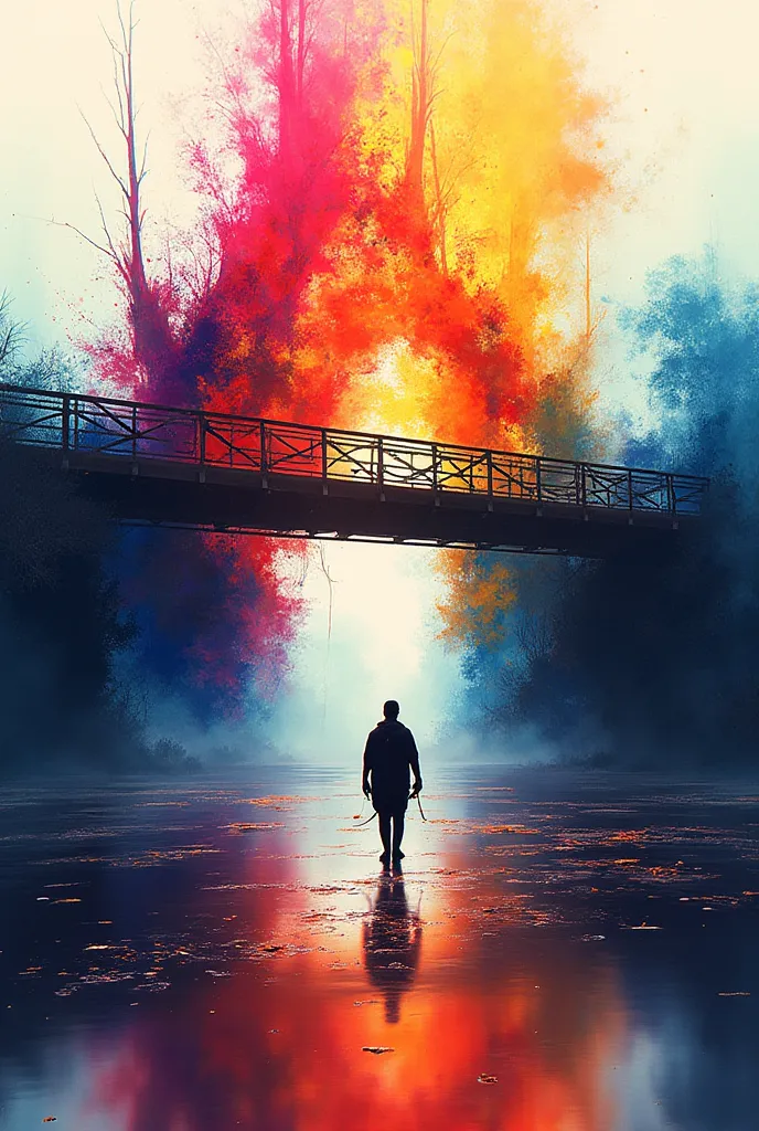 illustration, abstract, silhouette, sputtering art, colorful, rainbow-colored bridge,