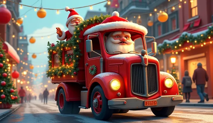 A Christmas caravan truck  with Christmas colors was driven by santa claus man. full truck details, christmas celebrations in the city.
