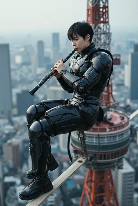 photo-realistic, ultra-realistic, very beautiful Japanese futuristic soldier, boyish girl, extremely muscular, famous Japanese idol, 25 years old, dramatic scene, masterpiece, beautiful eyes, playing the clarinet at the top of the Tokyo tower, skyscrapers,...