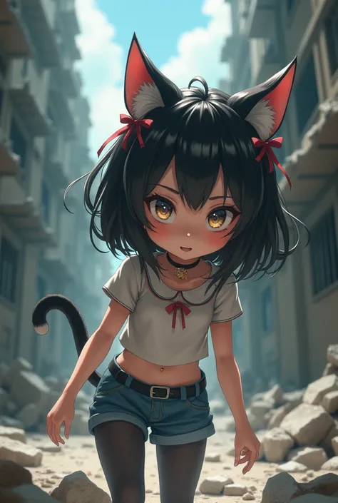 masterpiece, of the best quality , Official Art , Extremely Detailed CG Unity 8K Wallpaper, girl, cute的girl, Yuri, cute发饰,  shorts,  cropped top below , pantyhose, ribbon_ Choker Necklace , Leg strap,cat ears tail，Second dimension animation，Colored eyes（bi...