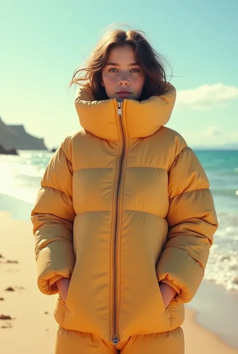 Beautiful teenage white girl, wearing thick high collar, zipped up, very tight puffer suit, puffer jacket on a hot sunny beach, zipped up all the way up, zipped up completely