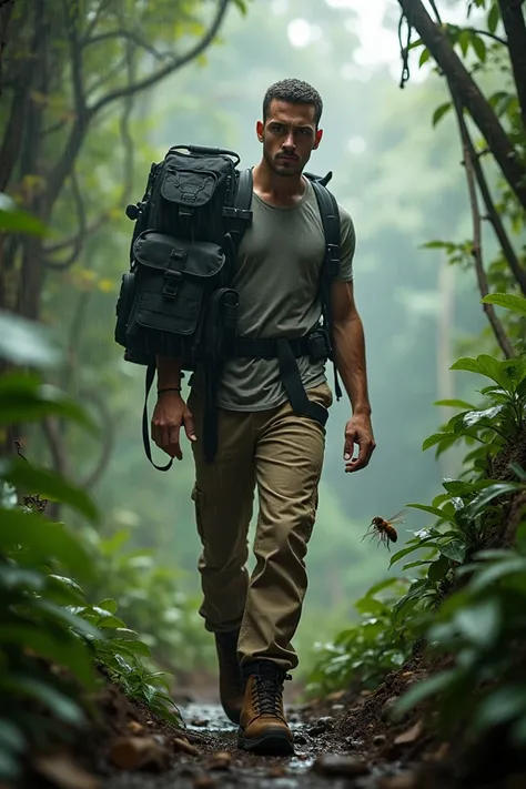 Create an adventurous man plain gray shirt ,  beige pants and brown boots with black tactical backpack in a rainforest being stung on the arm by a bee.