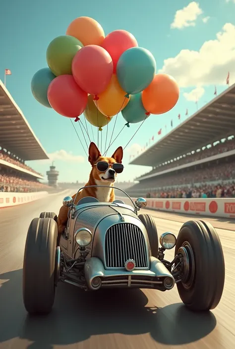  A vintage car driven by a dog wearing sunglasses on a racetrack . The motor consists of balloons  