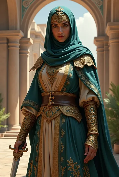 A formidable Iranian warrior queen, Artemisia I of Caria, is depicted with authentic Iranian facial features, including high cheekbones, dark, expressive eyes, and a determined expression that reflects her strength and leadership. She wears a beautiful, fl...