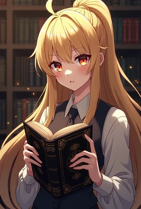 Female student ponytail gold hair two color eyes gold and red with black magic book anime