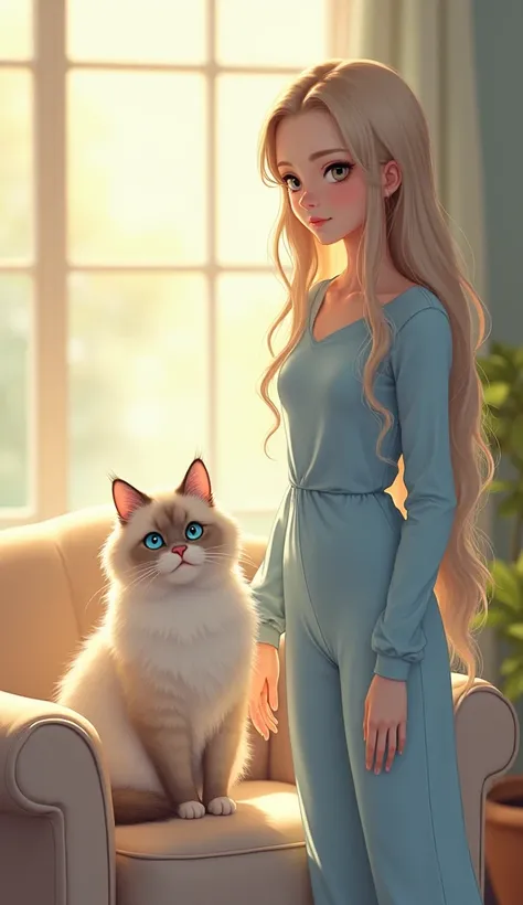 In a cozy, sunlit living room with soft pastel decor, a fluffy Ragdoll cat with a cream-colored coat and piercing blue eyes lounges gracefully on a plush armchair. Its relaxed posture exudes elegance and calm. Beside it, a human with long, flowing hair and...