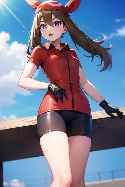 pokemonmay, pokemonmay, blue eyes, brown hair, bandana, long hair, red bandana, twintails, hair between eyes, (small breasts:1.2),
BREAK bike shorts, collared shirt, gloves, microskirt, multicolored shirt, pencil skirt, red shirt, shirt, short sleeves, ski...