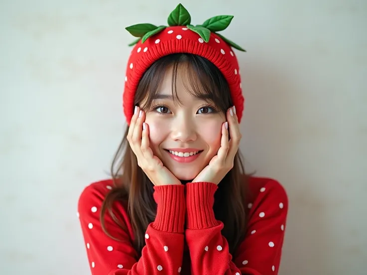 4K、 wears a strawberry costume on her head with only an empty part of her face。 an image of a woman depicting her entire upper body from waist to head。Pretty woman、 women standing 。 An image of a woman with a straight hairstyle that is shoulder-length and ...