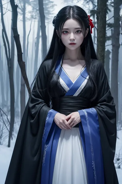 A hyper-realistic full-body depiction of a life-sized Japanese doll, dressed in Snow Whites iconic blue and yellow dress with a red ribbon, transformed into a zombie. Her porcelain face is covered with tiny cracks, exposing decayed, blackened flesh beneath...