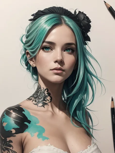 Highly detailed drawing, ink style + acrylic painting, modern European ink painting, Lee Bogle style, Anne Duailly, Jean-Baptiste Monge, basic shades: Half Body of a white+mint+turquoise+black, modern beautiful woman, confident strict look, ink drawing, in...