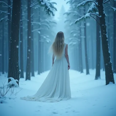   in a long white dress the whole place is full of blue light   , In the forest,  It continues to snow  ,  Russian woman is looking up  ,   Supermodel   ,    long blonde hair , 長い白いドレスを着た, I can only see behind me ,   in a long white dress the whole place ...