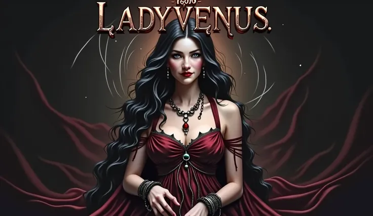 A dark fantasy poster of the enigmatic LadyVenus with mystical chains and handcuffs. She has an ethereal beauty, a commanding gaze, and an alluring smile. The background is a swirling landscape. The metallic text "LADYVENUS" stands out. The subtitle "666" ...