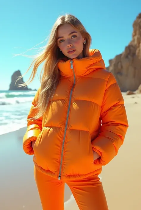 Beautiful teenage white girl, wearing thick high collar, zipped up, very tight puffer suit, puffer jacket on a hot sunny beach, zipped up all the way up.