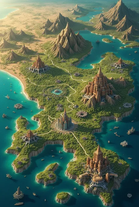  The map of a huge other world . Plusieurs continents. Sur un continent,  a lush forest and the city of Libertalia. Sur un autre continent, Desert ,  the city Ark Aétifal .