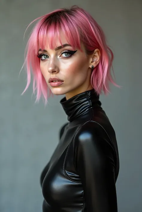 , pink hair,  narrow face , grey eyes,  girl, 18 years old, slim figure, Almond-shaped eyes, Stupsnase,  full lips,  European look , Ultra highly intricately detailed,  black eyeliner , leather bodysuit,  thigh boots ,  professional photography ,  ultra sh...