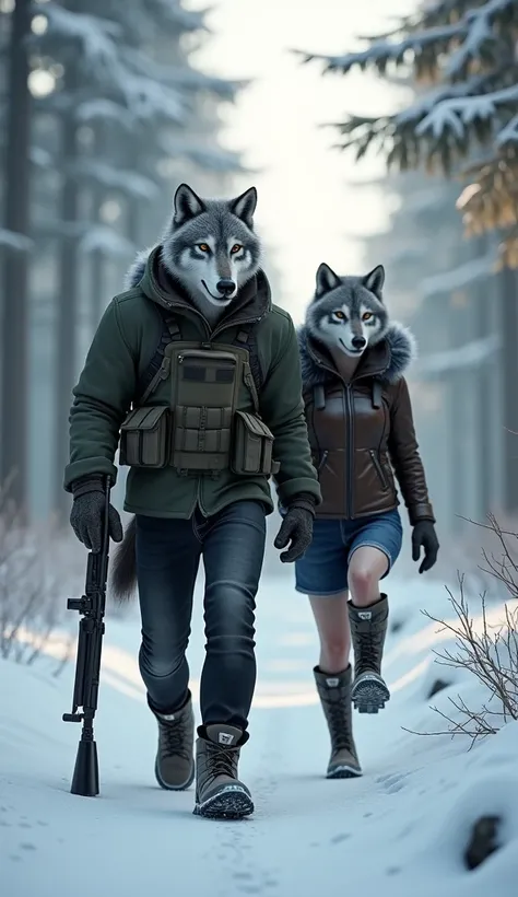 "A 3D realistic scene with a male wolf having a bodybuilder physique and a wolf’s face, wearing a dark green tactical jacket, black jeans, and hiking boots. The female wolf has a curvy feminine figure with a wolfs face, wearing a leather jacket and denim s...