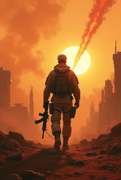 Mars surface(base of operation in ruins), orange clouds covering the sky, fiery meteors falling, dusty wind, a man in army suit holding a M416 gun in his right hand hanging, a city in far background, landscape 