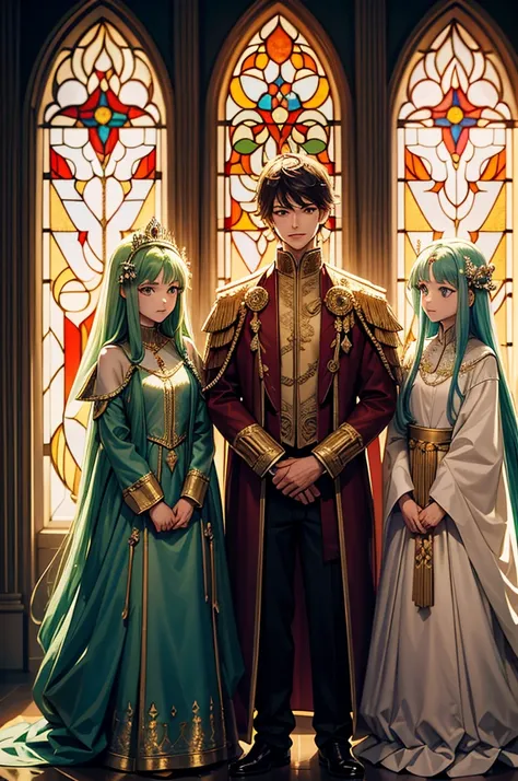 An ornate throne room with golden accents and tall stained-glass windows. Four members of the royal family are present. The king with short blonde hair holds a spear and stands confidently behind the group, next to the elegant queen with long dark blue hai...