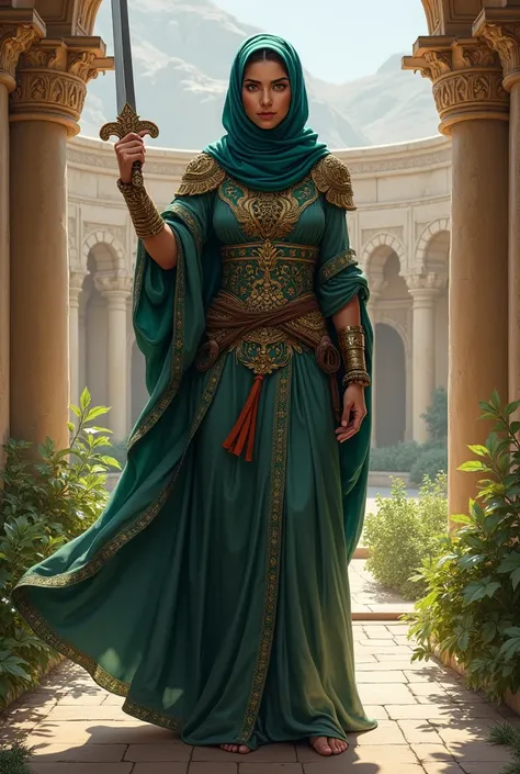 A formidable sexy Iranian warrior queen, Artemisia I of Caria, is depicted with authentic Iranian facial features, including high cheekbones, dark, expressive eyes, and a determined expression that reflects her strength and leadership. She wears a beautifu...