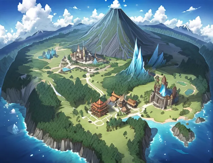 fantasy world map, volcano, ice, castle, forest,