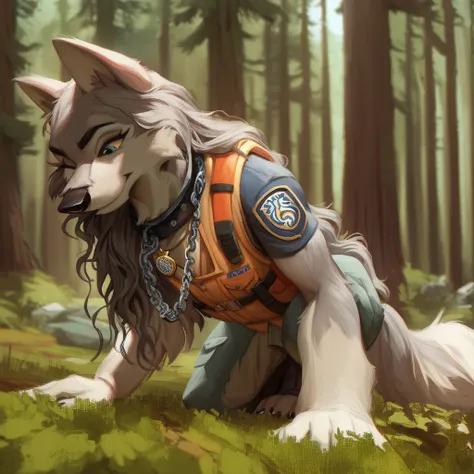 score_9, score_8_up, score_7_up, score_6_up,  a very extra long haired, anthro furry, wolf, wearing a search and rescue vest, forest, chain collar, rescue badge, sniffing the ground, crouching, long snout, long wavy hair 