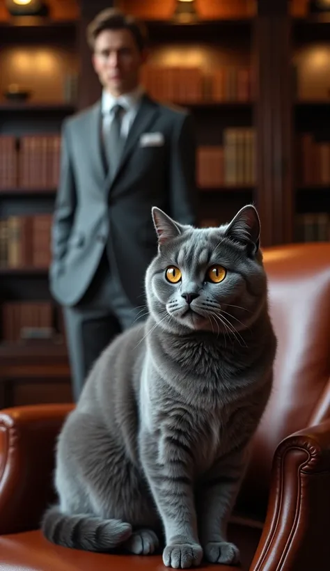 In a refined study with dark mahogany shelves, soft golden lighting highlights a British Shorthair cat sitting regally on a plush leather armchair. Its dense, velvety blue-gray fur and piercing amber eyes radiate quiet confidence. Across the room, a human ...