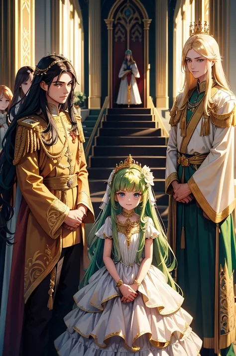 An ornate throne room with golden accents and tall stained-glass windows. Four members of the royal family are present. The king with short blonde hair holds a spear and stands confidently behind the group, next to the elegant queen with long dark blue hai...