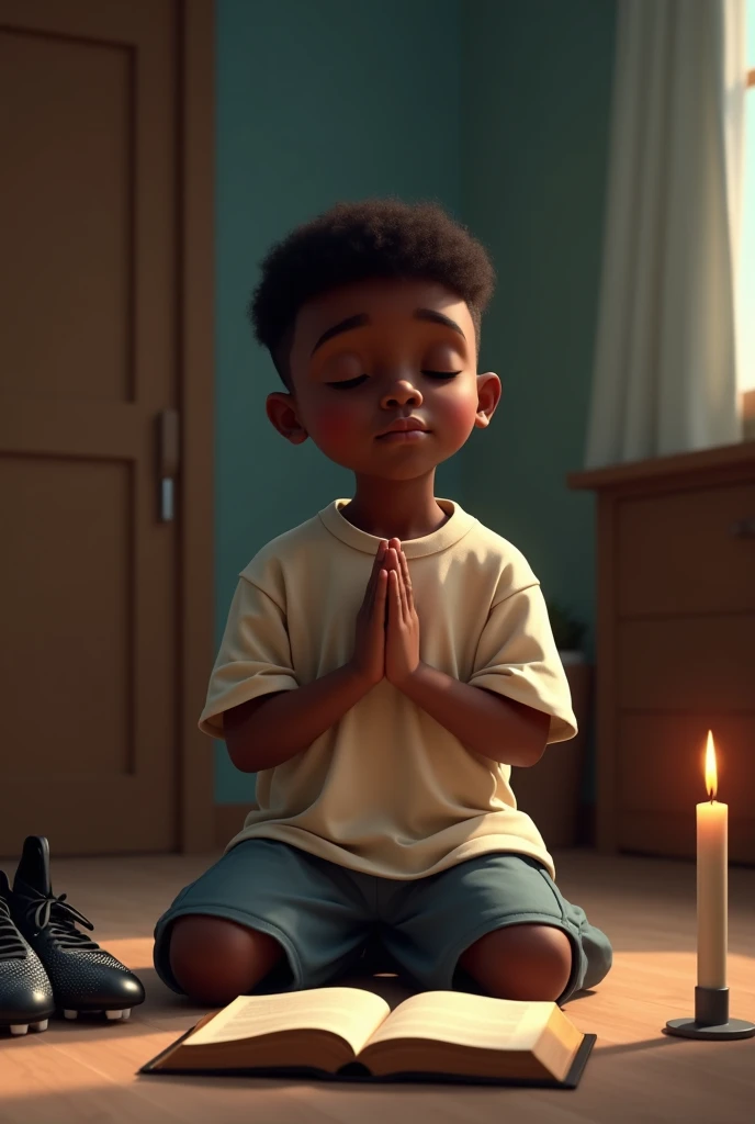 Created an image of a young boy with an ebony complexion who kneels in his room in front of him, his pair of cleats and the Bible and a burning candle, and he kneels with his eyes closed.