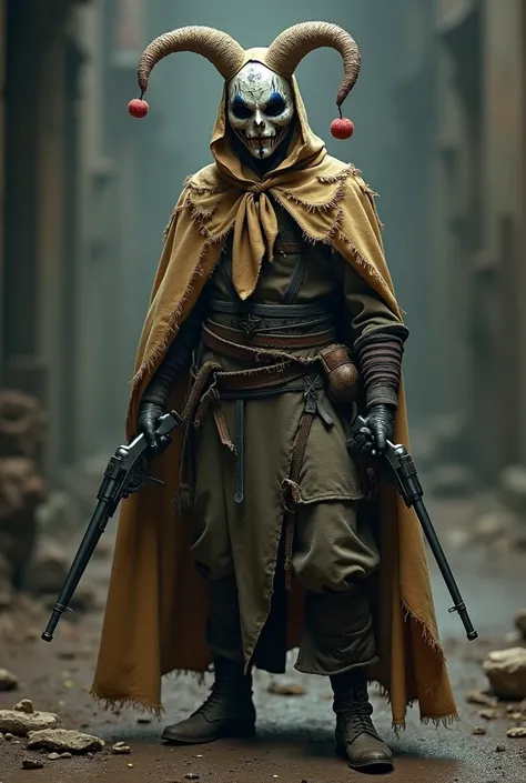 A jester, bard in a mask, in a dust cloak with pistols.