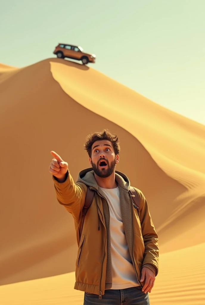 Surprised foreigner pointing his finger at the car going up the hill of the sand dune