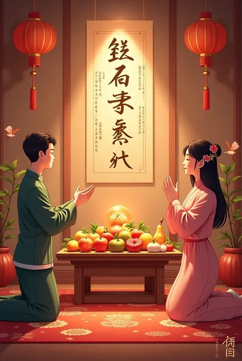 Chinese New Year couplets at home on the Shendai wall，There is fruit on the Kamidai table。The family sincerely worships God