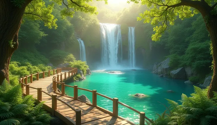 "A serene forest setting with a crystal-clear turquoise lake reflecting vibrant green trees. A wooden bridge with smooth railings curves gently over the water, leading into the lush vegetation. A cascading waterfall with multiple streams flows gracefully o...