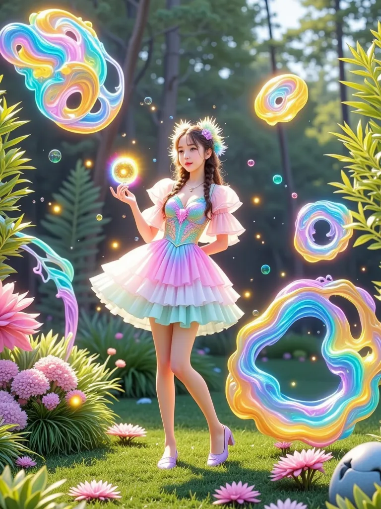 [vision:1.0]，[wide angle:1.0]， cute little princess blowing bubbles ， forming magical animal shapes ， wearing a flowing pastel d...