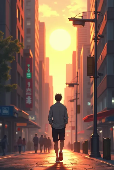 A man is walking in morning in street and generating ideas . Anime pic look realistic