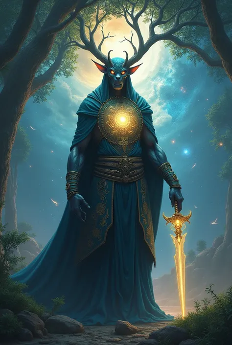 Mystical Teurgo carrying magic runes on his chest and carrying a sword in his hand in a beautiful landscape under a universe and a beautiful tree