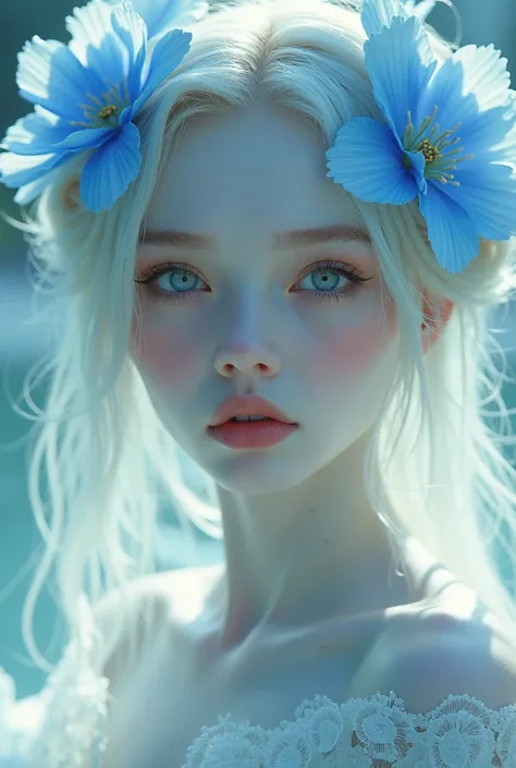 Midjourney, MJ, Midjourney style, realism, cinematic quality, play of light, gradient, glow, porcelain skin, dutch tilt, dynamic pose, white porcelain girl  with white white eyelashes white eyebrows with blue flowers, stunning art, abstract, floral, gold t...