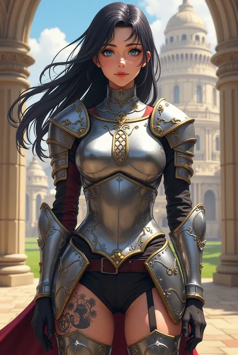 Creating Anime style, Female, age 17, tall body, fit body, her eyes is beautiful blue eyes, and pretty face, black hair, look like a kind, skin have a lot of tattoos (Christian Style), show body from head to toe. A woman wearing full shiny silver chest arm...