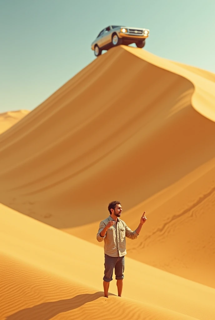 Surprised foreigner pointing his finger at the car going up the hill of the sand dune