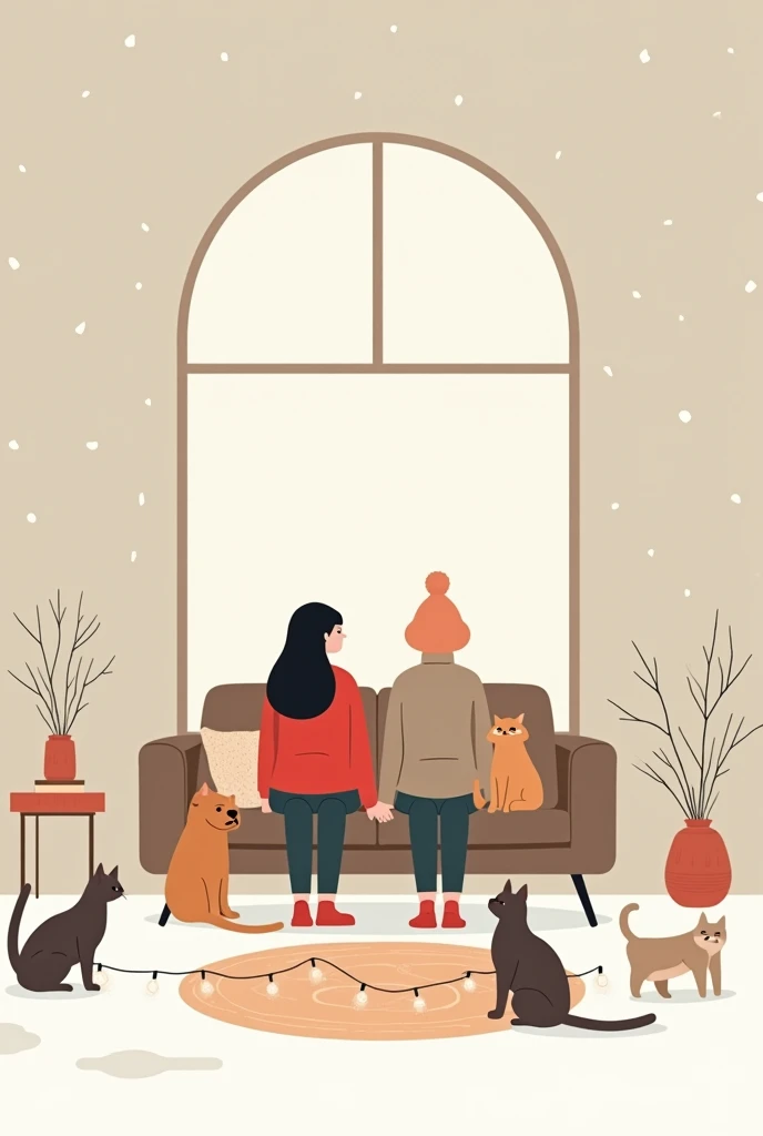 Illustration, minimalisme, Une maison enneigée minimaliste avec une grande fenêtre centrale. À travers la fenêtre, on voit deux femmes assises sur un canapé moderne, entourées de leurs animaux : un chien chow-chow marron, un chat roux sur le dossier du can...