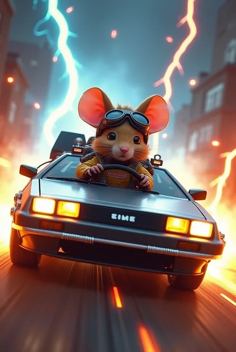 Traveling mouse from the future with the car from the movie Back to the Future 