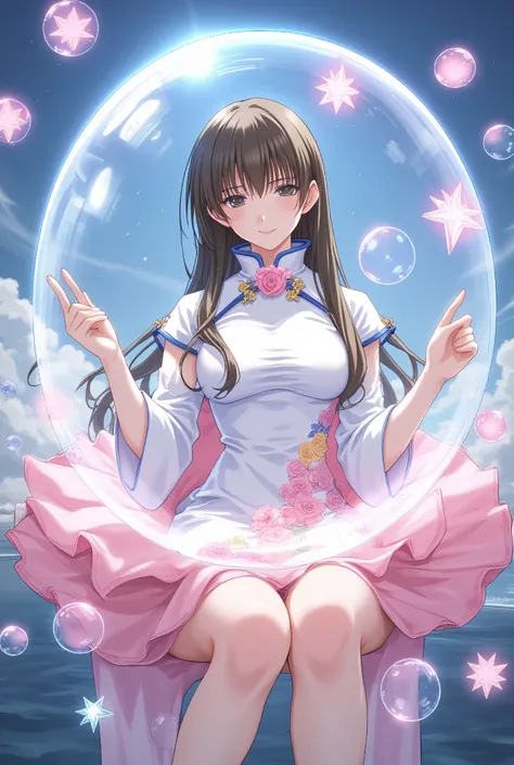 ((Woman sitting in a big bubble)),(((Magical bubbles)))、(The whole body is in a big bubble)、 Fantasy World、Beautiful background、blue sky、Fantasy World Forest 、 one woman、Long Hair、Pink Glowing Bubbles 、 white china dress、 slit 、 detailed background、 full b...