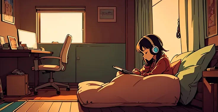 Girl listening to music in a cozy room at night, Using headphones, 2D Anime style, Lo-fi, Hard Disk, Dark environment