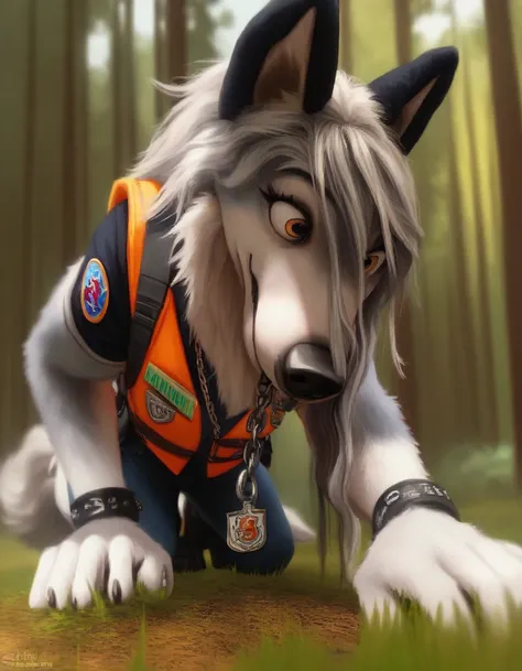 score_9, score_8_up, score_7_up, score_6_up,  a very extra long haired, anthro furry, wolf, wearing a search and rescue vest, forest, chain collar, rescue badge, sniffing the ground, crouching, long snout, long wavy hair 